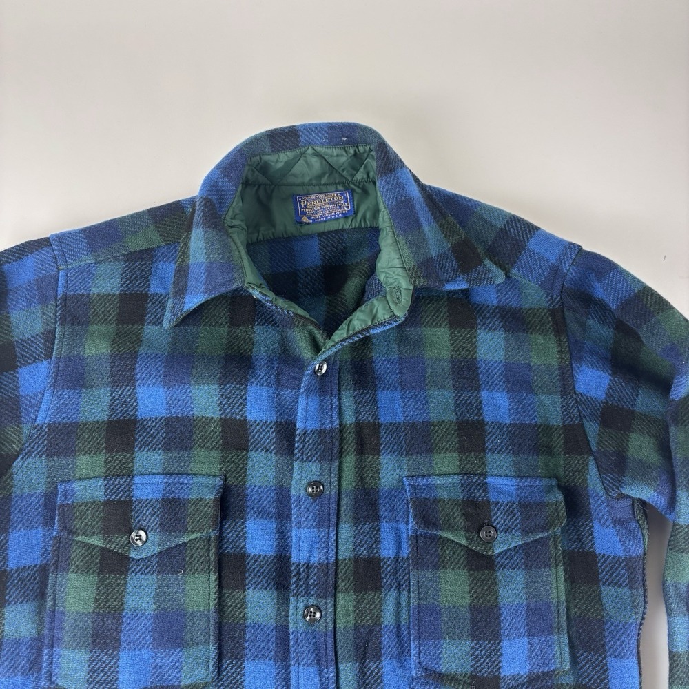 VTG Pendleton Shirt Mens Large Long Blue Green Plaid Flannel Wool Button USA 90s - Picture 3 of 8